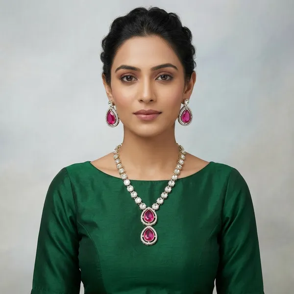 Premium_Mirror_Kundan_Necklace_Set_For_Women_Girls_Elegant_Double_Teardrop_Pendant_Ad_Stone_Jewellery_With_Matching_Earrings_Traditional_Wedding_Party_Festive_Wear_Ideal_Gift_For_Wife_Sister_Mother_Girlfriend_Stylish_Ethnic_Accessory