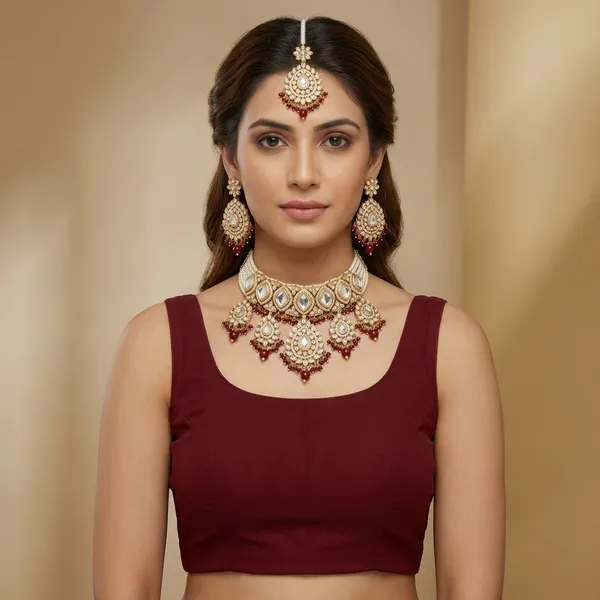 Bridal_Choker_Necklace_Set_With_Earrings_Maang_Tikka_Gold_Finish_Jewellery_With_White_Stones_Red_Beads_Traditional_Wedding_Festive_Wear_Elegant_Ethnic_Design_Lightweight_Comfortable_Fit_Ideal_For_Brides_Parties_Gifting_Occasions