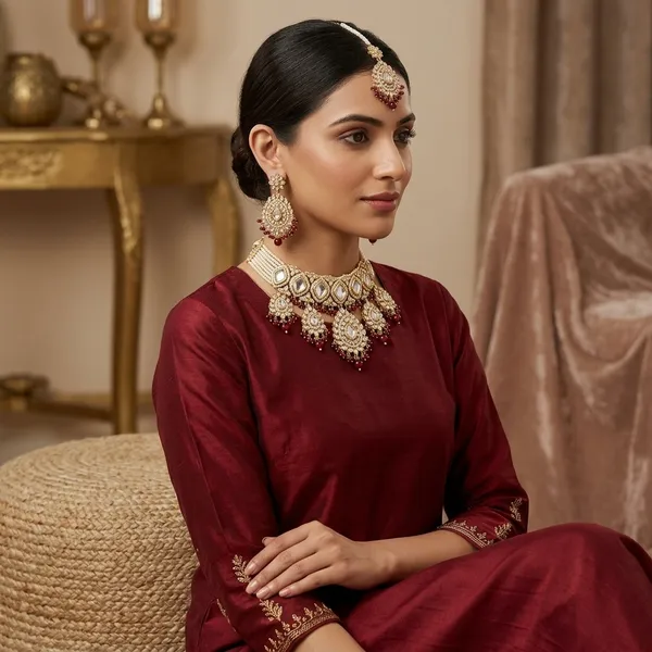 Bridal_Choker_Necklace_Set_With_Earrings_Maang_Tikka_Gold_Finish_Jewellery_With_White_Stones_Red_Beads_Traditional_Wedding_Festive_Wear_Elegant_Ethnic_Design_Lightweight_Comfortable_Fit_Ideal_For_Brides_Parties_Gifting_Occasions