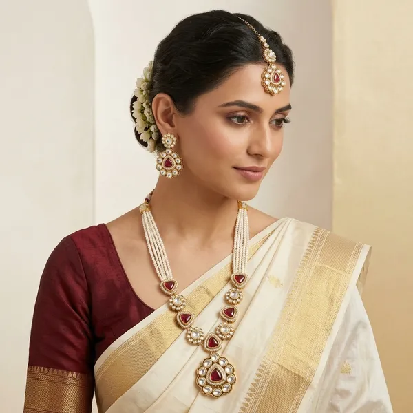 Bridal_Gold_Tone_Jewellery_Set_With_Necklace_Earrings_Maang_Tikka_Red_Stone_White_Pearl_Embellished_Traditional_Wedding_Set_Lightweight_Elegant_Comfortable_Perfect_For_Brides_Festive_Wear_Parties_Gifting