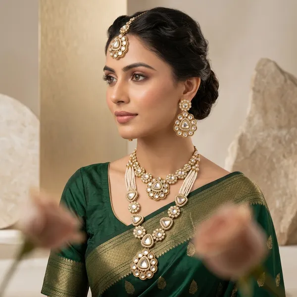 Bridal_Gold_Tone_Jewellery_Set_With_Necklace_Earrings_Maang_Tikka_White_Stone_Teardrop_Circular_Design_Premium_Traditional_Set_Lightweight_Elegant_Comfortable_Perfect_For_Weddings_Festive_Wear_Parties_Gifting
