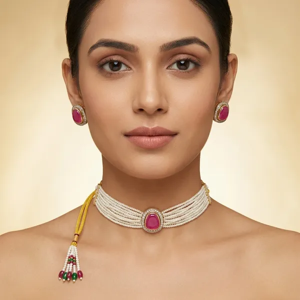 Ruby_Pearl_Choker_Set_For_Women_Multi_Strand_White_Pearl_Necklace_With_Gold_Detailing_And_Matching_Ruby_Stud_Earrings_Perfect_For_Bridal_Festive_Or_Heritage_Occasions