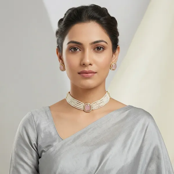 Graceful_Pink_Stone_Pearl_Choker_Set_Multi_Strand_White_Pearl_Necklace_With_Gold_Detailing_And_Matching_Pink_Gem_Stud_Earrings_Ideal_For_Bridal_Festive_Or_Heritage_Occasions