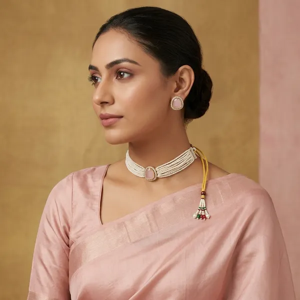 Graceful_Pink_Stone_Pearl_Choker_Set_Multi_Strand_White_Pearl_Necklace_With_Gold_Detailing_And_Matching_Pink_Gem_Stud_Earrings_Ideal_For_Bridal_Festive_Or_Heritage_Occasions