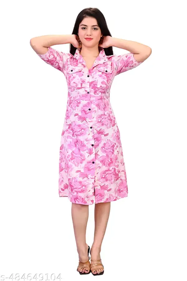 Poshak_Wiz_Women_Girls_A_Line_Dress_Casual_Wear_Printed_Short_Sleeve_Dress_Fabric_Cotton_In_Pink_Colour