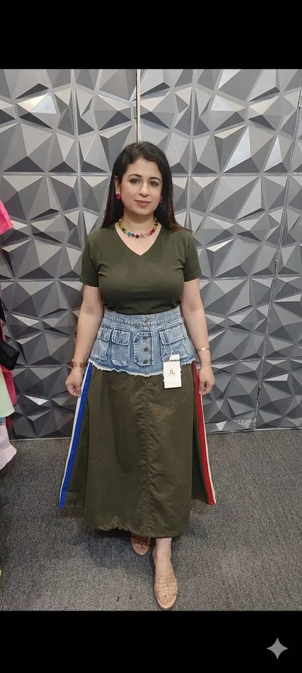 Bottle_Green_Denim_Patchwork_Maxi_Skirt_For_Women