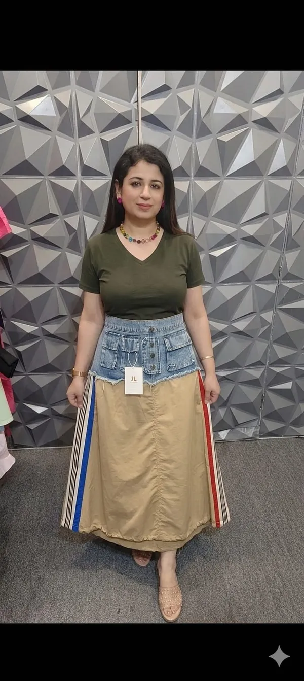 Khaki_Denim_Striped_Maxi_Skirt_For_Women