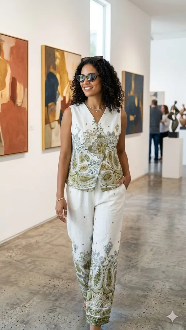 Golden_&_White_Embroidered_Paisley_Sleeveless_Top_And_Pants_Co-Ord_Set
