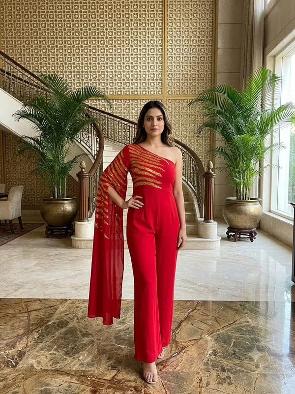 Red_Georgette_One_Shoulder_Embellished_Jumpsuit_For_Women