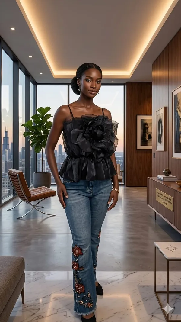 Black_Ruffled_Peplum_Top_With_Embellished_Flared_Jeans