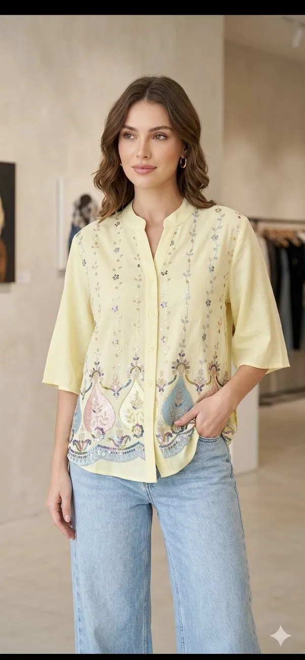 Yellow_Embroidered_Button-Down_Tunic_Top_For_Women