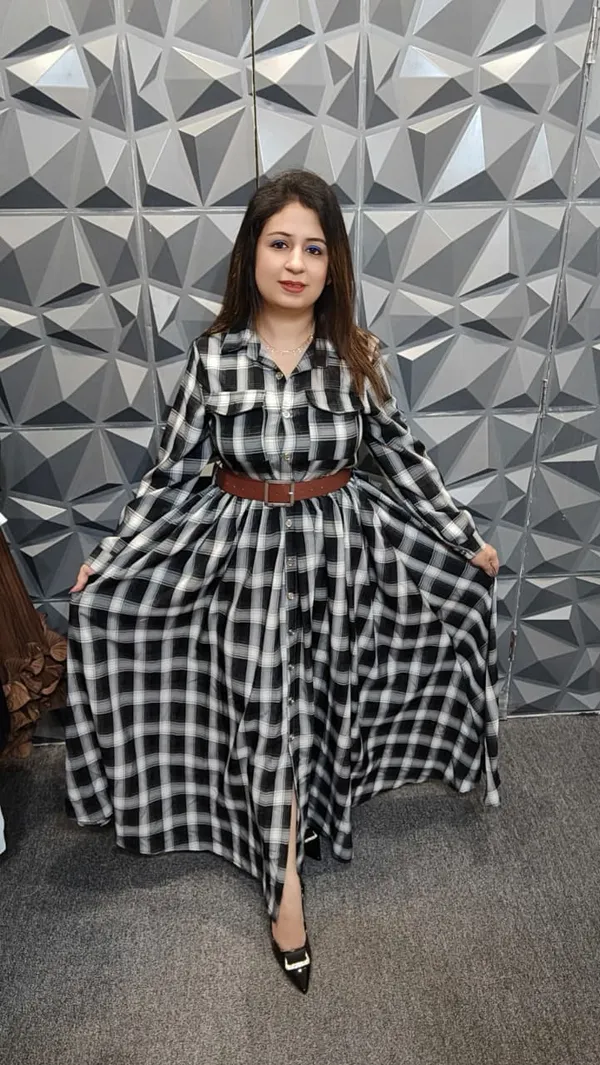 Multicolor_Checked_Long_Sleeve_Shirt_Dress_For_Women