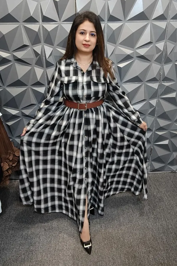 Multicolor_Checked_Long_Sleeve_Shirt_Dress_For_Women
