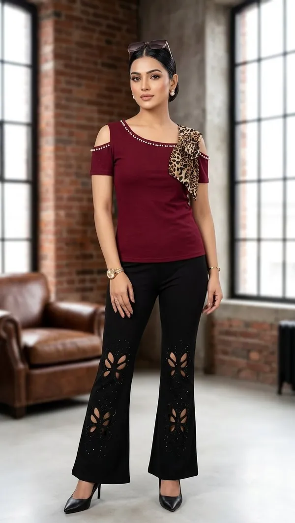 Red_Cold_Shoulder_Embellished_Top_For_Women