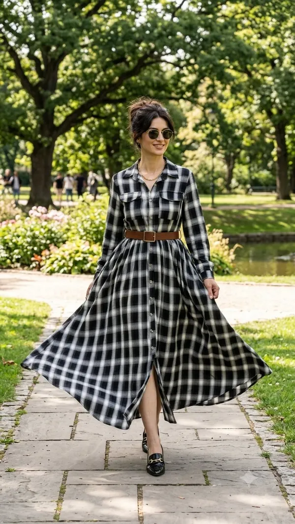 Multicolor_Checked_Long_Sleeve_Shirt_Dress_For_Women