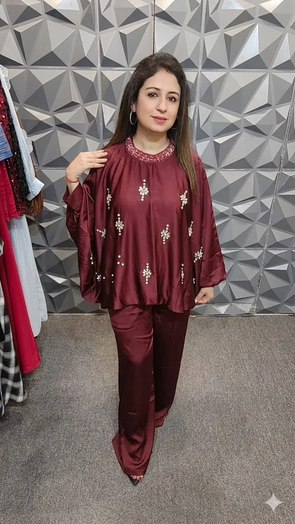 Wine_Embellished_Poncho_Style_Top_With_Trousers_For_Women