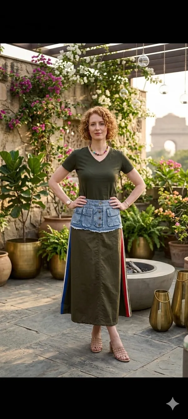 Bottle_Green_Denim_Patchwork_Maxi_Skirt_For_Women
