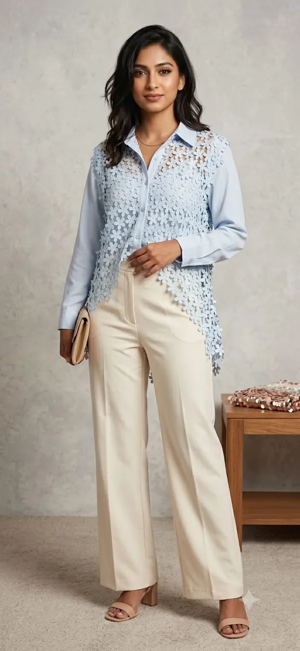 Light_Blue_Floral_Lace_Overlay_Button_Down_Shirt_For_Women