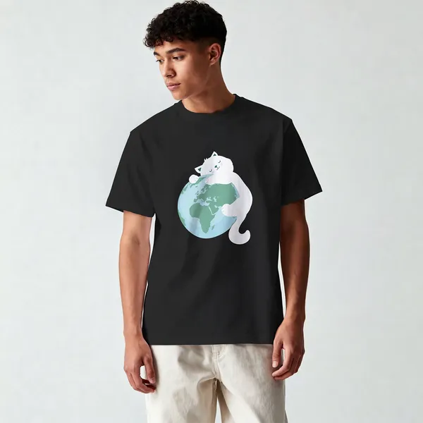 Cat_World_Graphic_Black_Cotton_T-Shirt_For_Men_And_Women