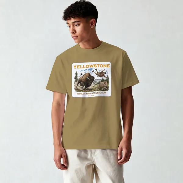 Yellowstone_National_Park__Graphic_khaki_Cotton_T-Shirt_For_Men_And_Women
