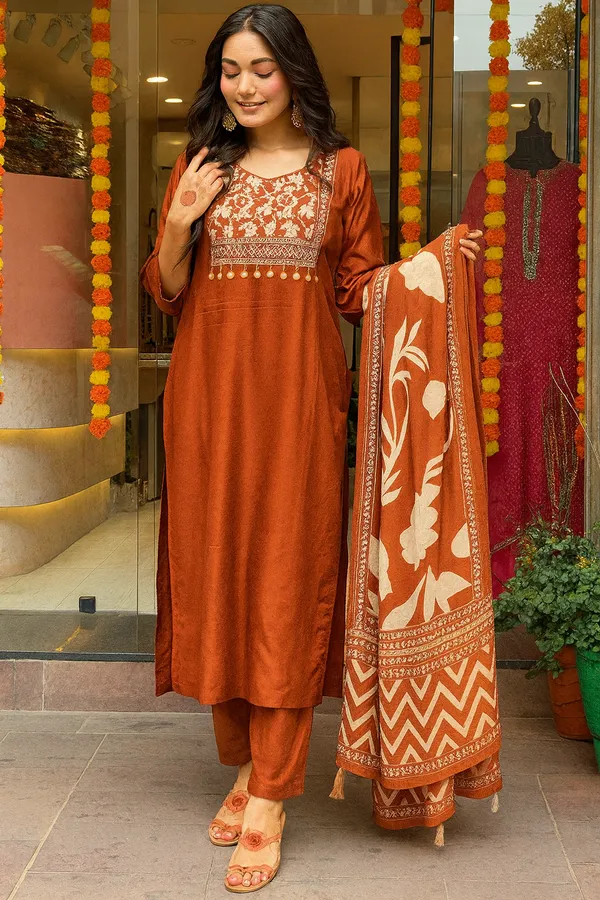 Orange_Cotton_Embroidered_Kurta_Set_For_Women