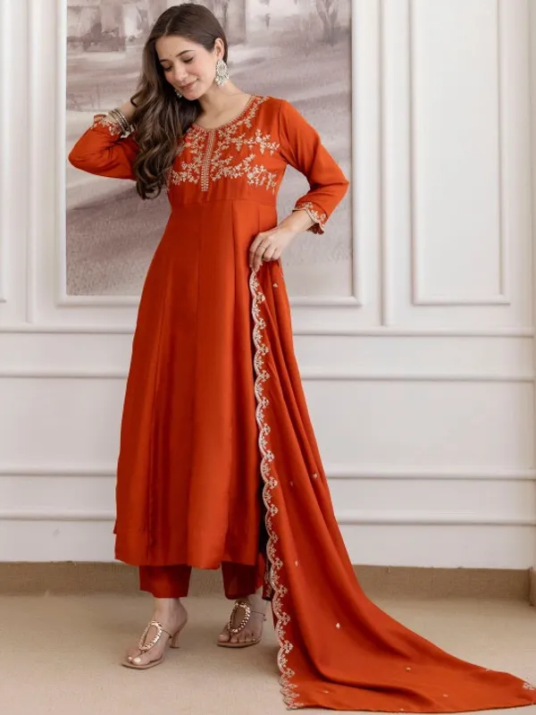 Orange_Cotton_Embroidered_Anarkali_Kurta_Set_For_Women