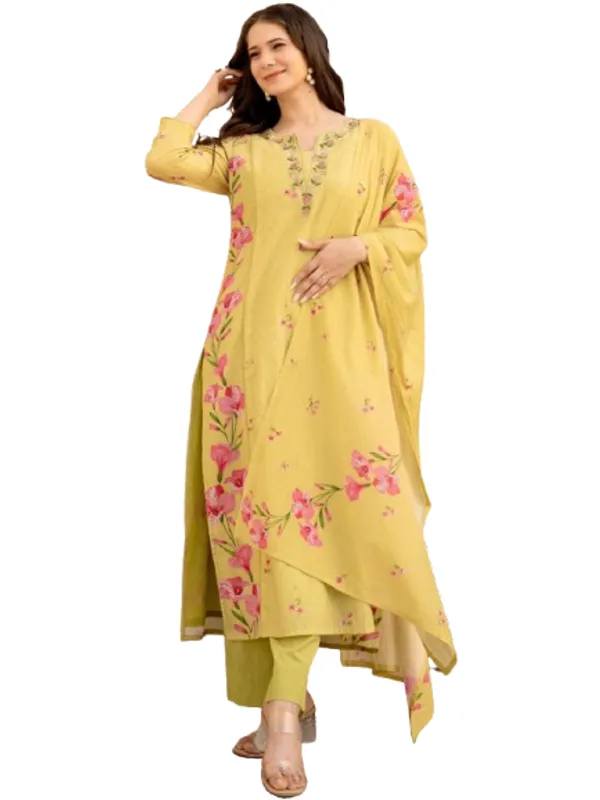 Yellow_Cotton_Floral_Embroidered_Kurta_Set_For_Women