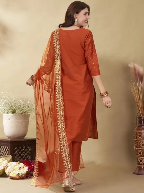 Rust_Orange_Cotton_Embroidered_Kurta_Set_With_Dupatta_For_Women