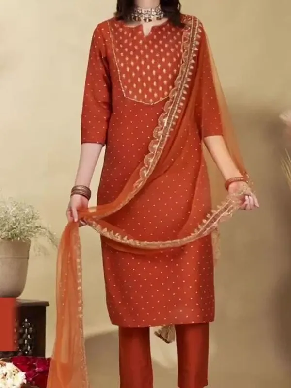 Rust_Orange_Cotton_Embroidered_Kurta_Set_With_Dupatta_For_Women