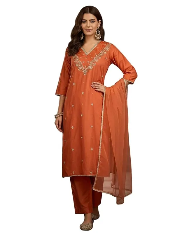 Orange_Cotton_Embroidered_Kurta_Set_For_Women