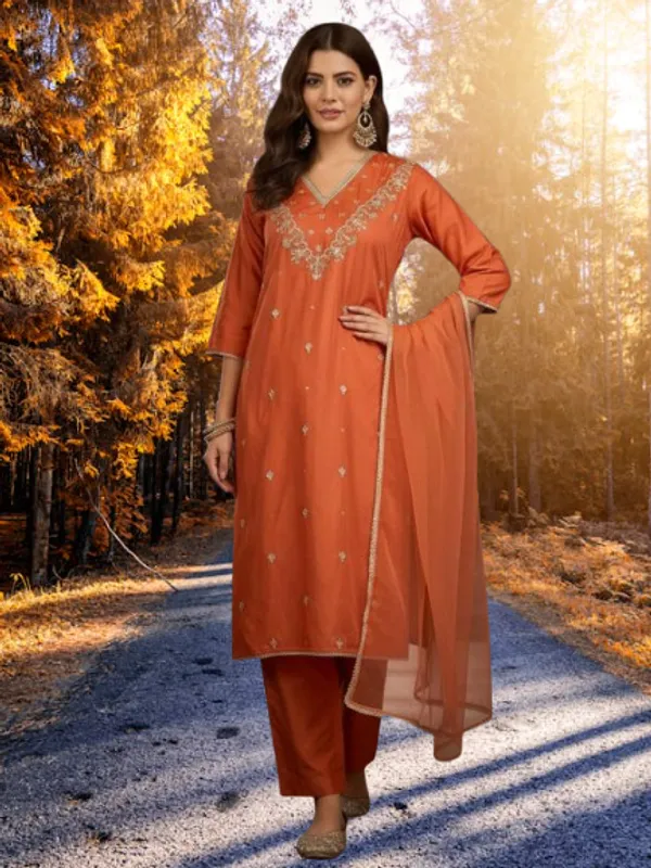 Orange_Cotton_Embroidered_Kurta_Set_For_Women