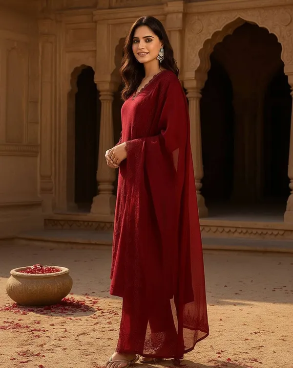 Maroon_Cotton_Embroidered_Kurta_Set_For_Women
