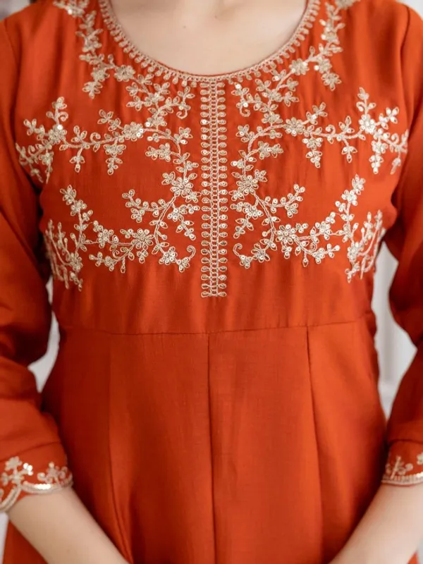 Orange_Cotton_Embroidered_Anarkali_Kurta_Set_For_Women