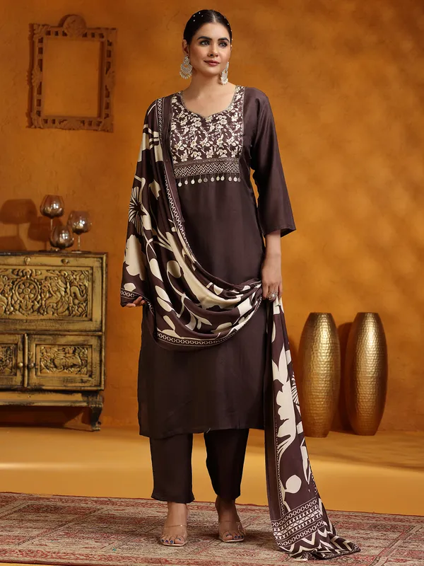 Brown_Cotton_Embroidered_Salwar_Suit_Set_For_Women