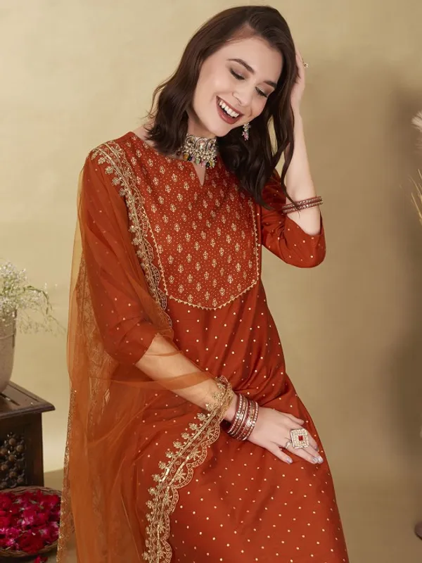 Rust_Orange_Cotton_Embroidered_Kurta_Set_With_Dupatta_For_Women