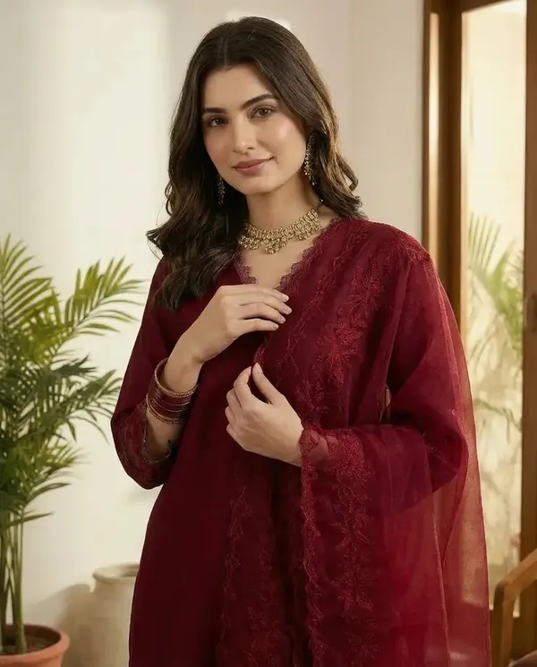 Maroon_Cotton_Embroidered_Kurta_Set_For_Women