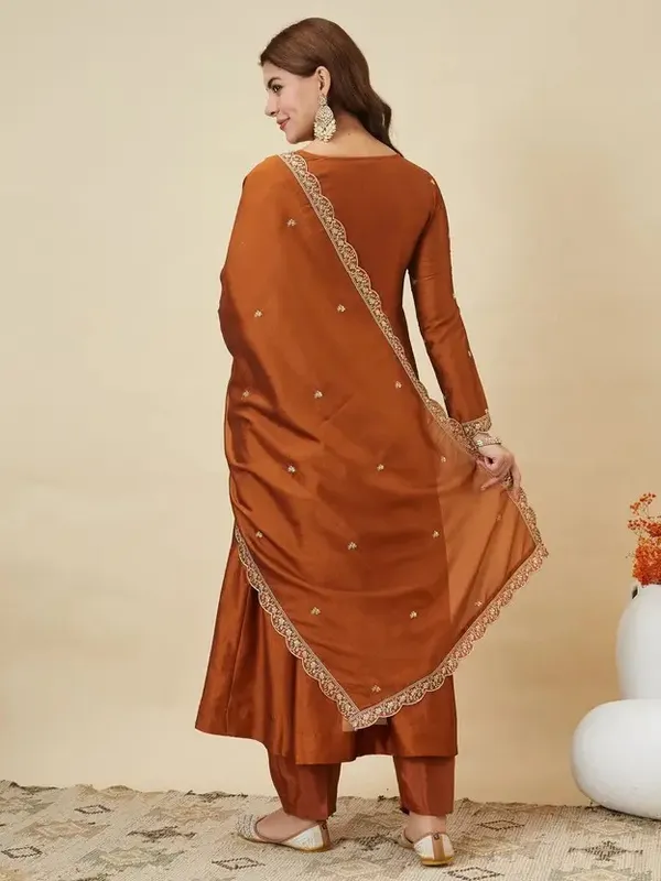 Rust_Orange_Cotton_Embroidered_Anarkali_Kurta_Set_For_Women