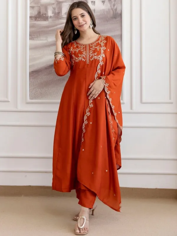 Orange_Cotton_Embroidered_Anarkali_Kurta_Set_For_Women