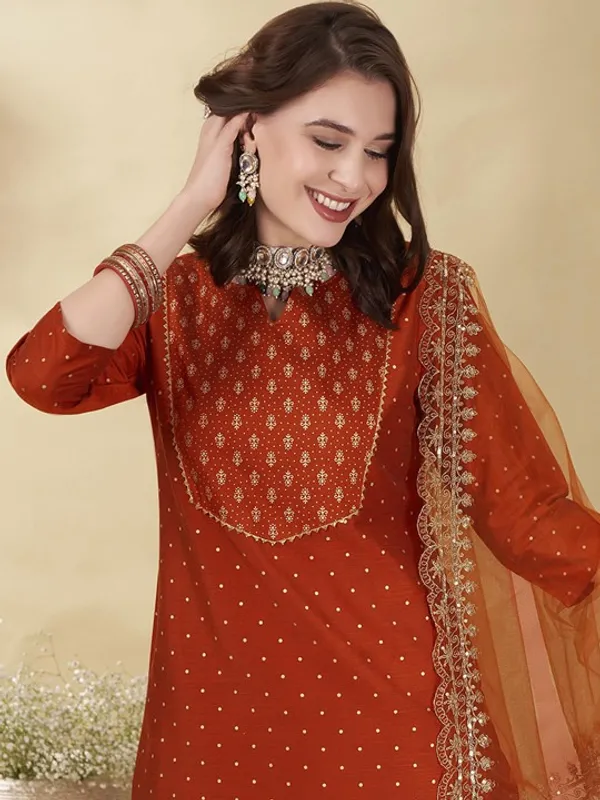 Rust_Orange_Cotton_Embroidered_Kurta_Set_With_Dupatta_For_Women