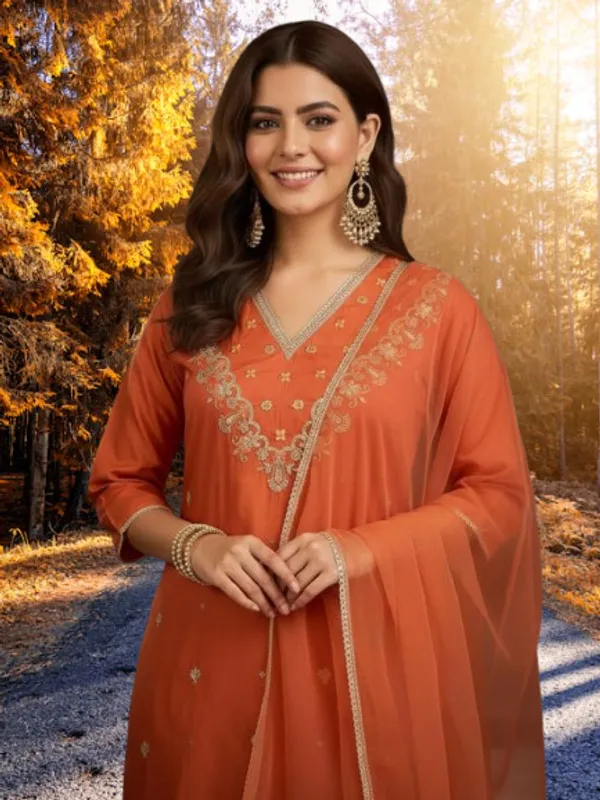 Orange_Cotton_Embroidered_Kurta_Set_For_Women