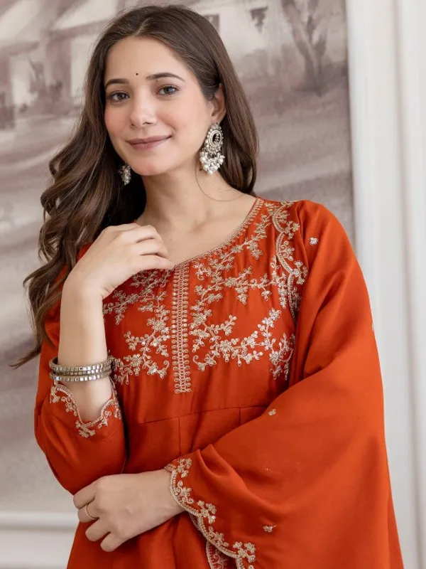 Orange_Cotton_Embroidered_Anarkali_Kurta_Set_For_Women