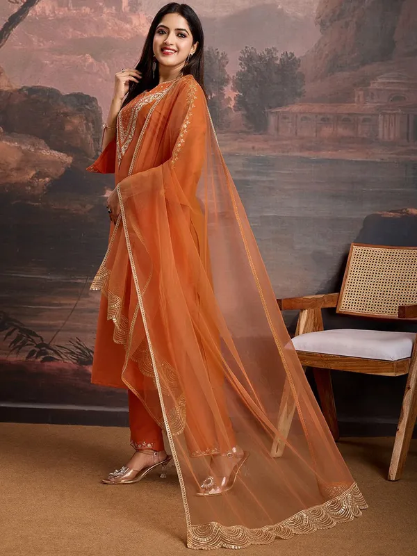 Orange_Cotton_Embroidered_Kurta_Set_For_Women
