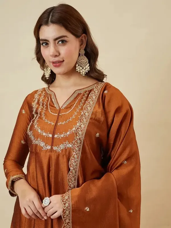 Rust_Orange_Cotton_Embroidered_Anarkali_Kurta_Set_For_Women