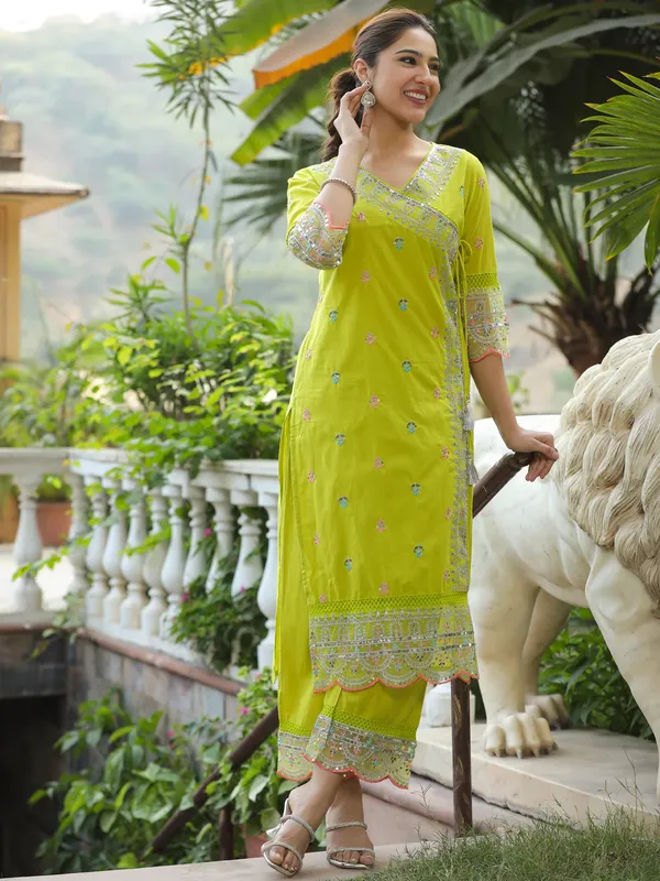 Lime_Green_Cotton_Straight_Kurta_Set_For_Women