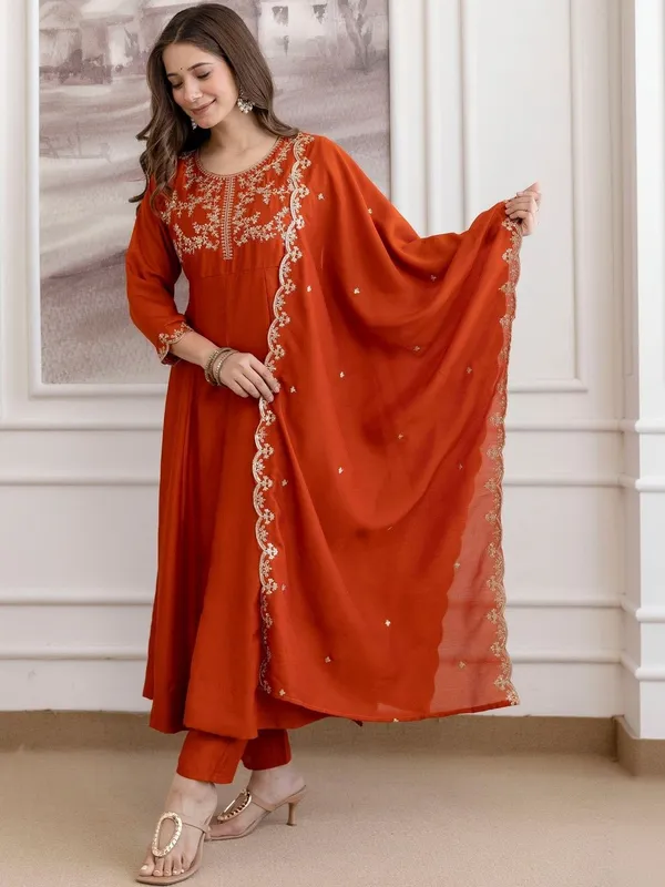 Orange_Cotton_Embroidered_Anarkali_Kurta_Set_For_Women