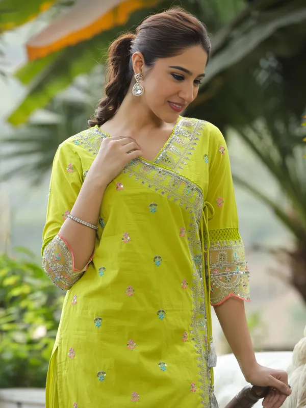 Lime_Green_Cotton_Straight_Kurta_Set_For_Women