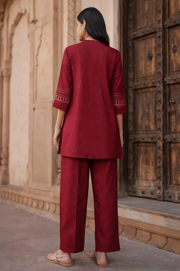 Maroon_Cotton_Embroidered_Kurta_Pant_Set_For_Women