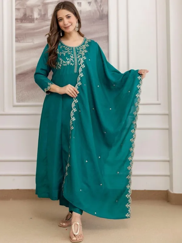 Teal_Cotton_Embroidered_Anarkali_Suit_Set_For_Women