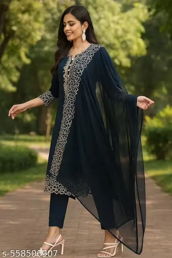 Navy_Blue_Cotton_Embroidered_Kurti_Set_For_Women