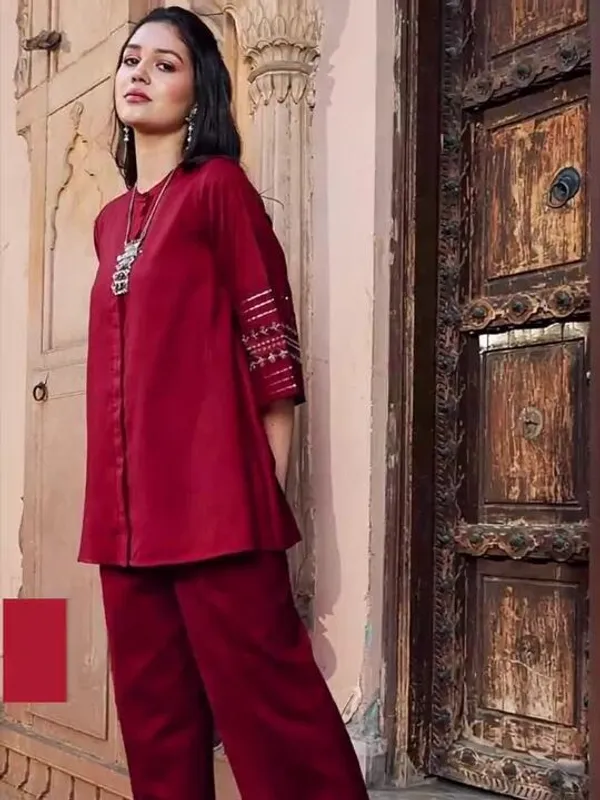 Maroon_Cotton_Embroidered_Kurta_Pant_Set_For_Women